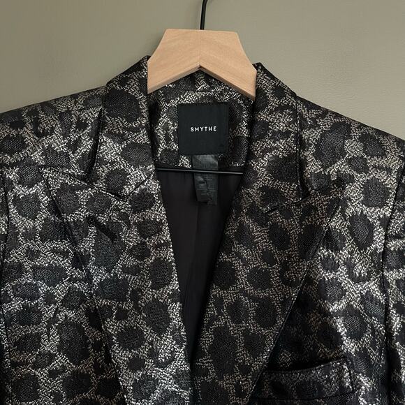 Smythe Film Fest Sharp Shoulder Blazer Metallic Leopard Size 0 Black Grey Chic - Picture 8 of 14